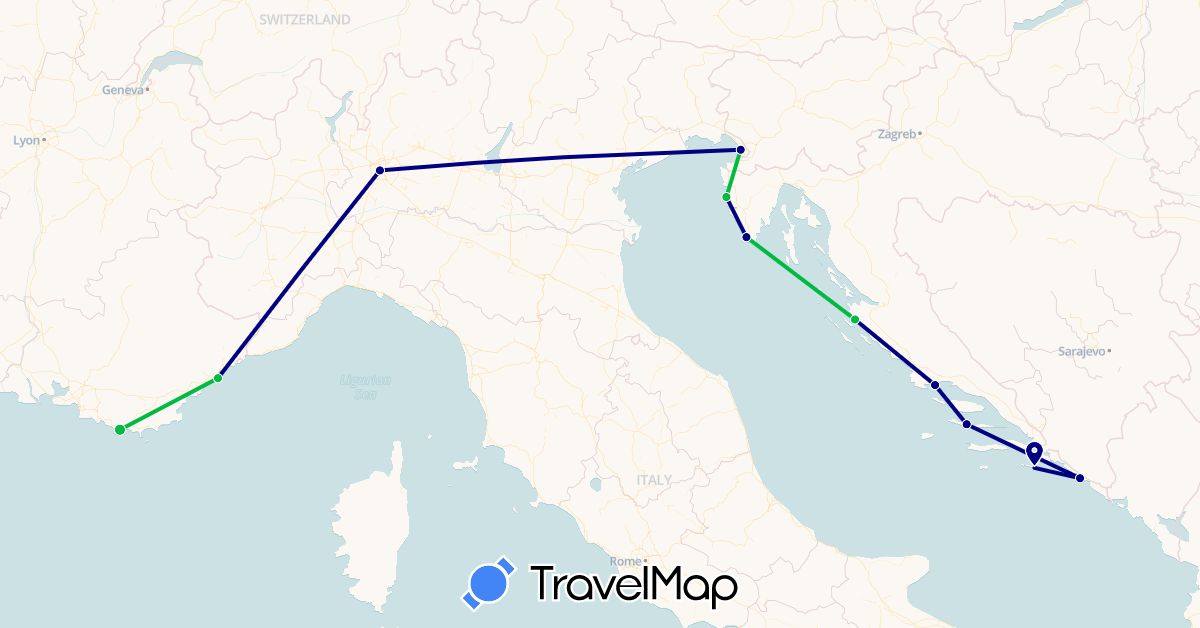 TravelMap itinerary: driving, bus in France, Croatia, Italy (Europe)